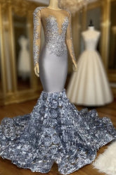 Silver Rosette Long Sleeve Mermaid Evening Prom Dress