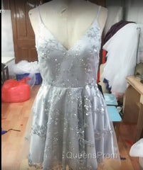 Silver Sequin Lace V Neck Tulle Homecoming Dress Short Evening Prom Gowns