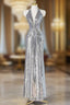 Silver Sequins Long Evening Prom Dress, Shiny V-Neck Evening Party Dress