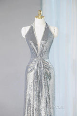 Silver Sequins Sheath V-Neck Long Evening Prom Dress Shiny Evening Dress
