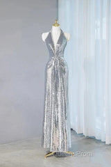 Silver Sequins Sheath V-Neck Long Evening Prom Dress Shiny Evening Dress