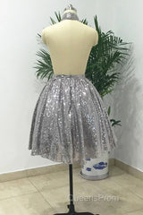Silver Sexy Halter Sequined Backless Short Homecoming Dress, Sparkly Party Dress