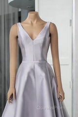 Silver V-Neck Satin Midi Dress