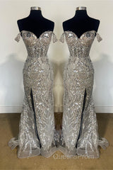 Fuchsia Off-Shoulder Sequined Floral Mermaid Long Evening Prom Dress with Slit