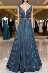 Simple A-Line Blue Long Evening Prom Dress, Blue Formal Dress