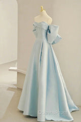 Simple A Line Off The Shoulder Blue Satin Long Evening Prom Dress