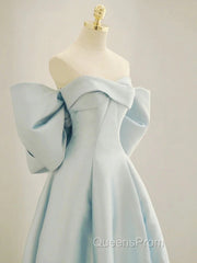 Simple A Line Off The Shoulder Blue Satin Long Evening Prom Dress