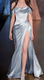 Simple A-Line Off The Shoulder Blue Satin Long Classy Prom Dress Classy Evening Dress
