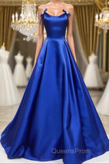 Simple A Line Royal Blue Satin Long Evening Prom Dress, Royal Blue Formal Dress, Cheap Royal Blue Evening Dress
