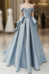 Simple A-Line Satin Blue Long Evening Prom Dress, Blue Satin Long Formal Dress