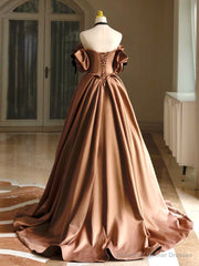 Simple A-Line Satin Brown Long Prom Dress, Brown Long Formal Dress