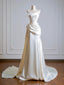 Simple A-Line Satin Sweep Train Light Champagne Classy Prom Dress