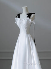 Simple A-Line Satin White Long Evening Prom Dress, White Long Formal Dress