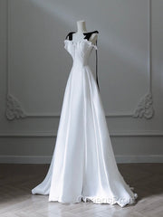 Simple A-Line Satin White Long Evening Prom Dress, White Long Formal Dress