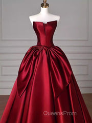 Simple A Line Strapless Burgundy Floor Length Evening Prom Dress