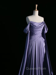 Simple A Line Strapless Sleeveless Satin Lilac Evening Prom Dress Long Evening Prom Dress