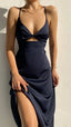 Simple A Line Straps Long Slit Dark Blue Classy Prom Dress