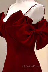 Simple A Line Straps Red Satin Long Evening Prom Dress