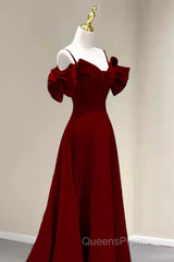 Simple A Line Straps Red Satin Long Evening Prom Dress