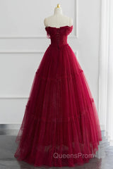 Simple A-Line Tulle Burgundy Long Evening Prom Dress