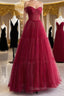 Simple A-Line Tulle Burgundy Long Evening Prom Dress