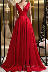 Simple A Line V Neck and V Back Red Satin Long Evening Prom Dress, Cheap V Neck Red Formal Graduation Evening Dress