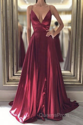 Simple A Line V Neck Backless Burgundy Long Evening Prom Dress, Backless Burgundy Formal Graduation Evening Dress