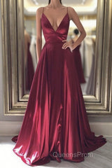 Simple A Line V Neck Backless Burgundy Long Evening Prom Dress, Backless Burgundy Formal Graduation Evening Dress