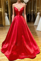 Simple A Line V Neck Backless Red Long Evening Prom Dress, Backless Red Fromal Dress, Red Evening Dress
