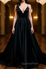 Simple A Line V Neck Black Satin Long Evening Prom Dress, Black Formal Dress, Evening Dress 2019