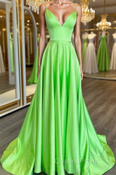 Simple A Line V Neck Green Satin Long Evening Prom Dress, V Neck Green Formal Graduation Evening Dress