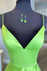 Simple A Line V Neck Green Satin Long Evening Prom Dress, V Neck Green Formal Graduation Evening Dress