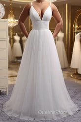 Simple A Line V Neck White Wedding Dress, V Neck White Tulle Evening Prom Formal Dress