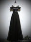 Simple Black Tulle Satin Spaghetti Straps Button Prom Dress