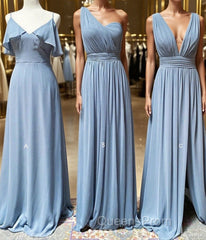 Simple blue chiffon long Evening Prom Dress blue chiffon bridesmaid Dress