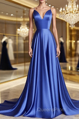 Simple blue v neck satin long Evening Prom Dress blue evening Dress
