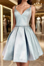 Simple blue v neck satin short Evening Prom Dress, blue homecoming Dress