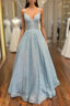 Simple Blue V Neck Sequin Long Evening Prom Dress,A Line Blue Evening Dress