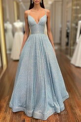 Simple Blue V Neck Sequin Long Evening Prom Dress,A Line Blue Evening Dress