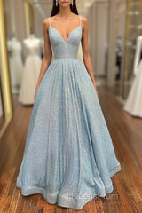 Simple Blue V Neck Sequin Long Evening Prom Dress,A Line Blue Evening Dress