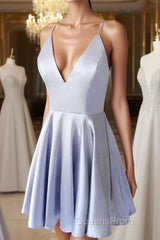 Simple blue v neck short Evening Prom Dress, blue homecoming Dress