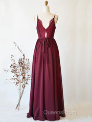 Simple burgundy chiffon lace long Evening Prom Dress, burgundy evening Dress