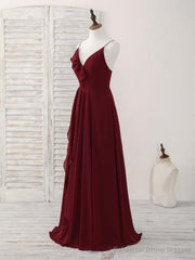 Simple Burgundy V Neck Chiffon Long Prom Dress, Bridesmaid Dress