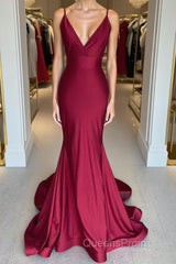 Simple burgundy v neck satin mermaid long Evening Prom Dress burgundy evening Dress