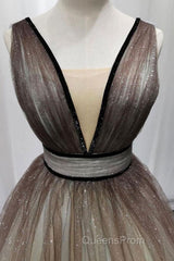 Simple Coffee tulle sequin long Evening Prom Dress coffee evening Dress