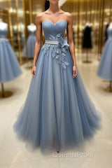 Simple gray blue tulle lace applique long Evening Prom Dress, tulle evening Dress