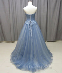 Simple gray blue tulle lace applique long Evening Prom Dress, tulle evening Dress