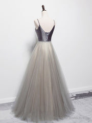 Simple Gray V Neck Tulle Long Prom Dress, Gray A line Gray Formal Dresses
