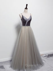 Simple gray v neck tulle long Evening Prom Dress, gray tulle formal Dress