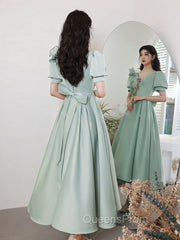 Simple Green V Neck Satin Short Evening Prom Dress, Green Evening Dress